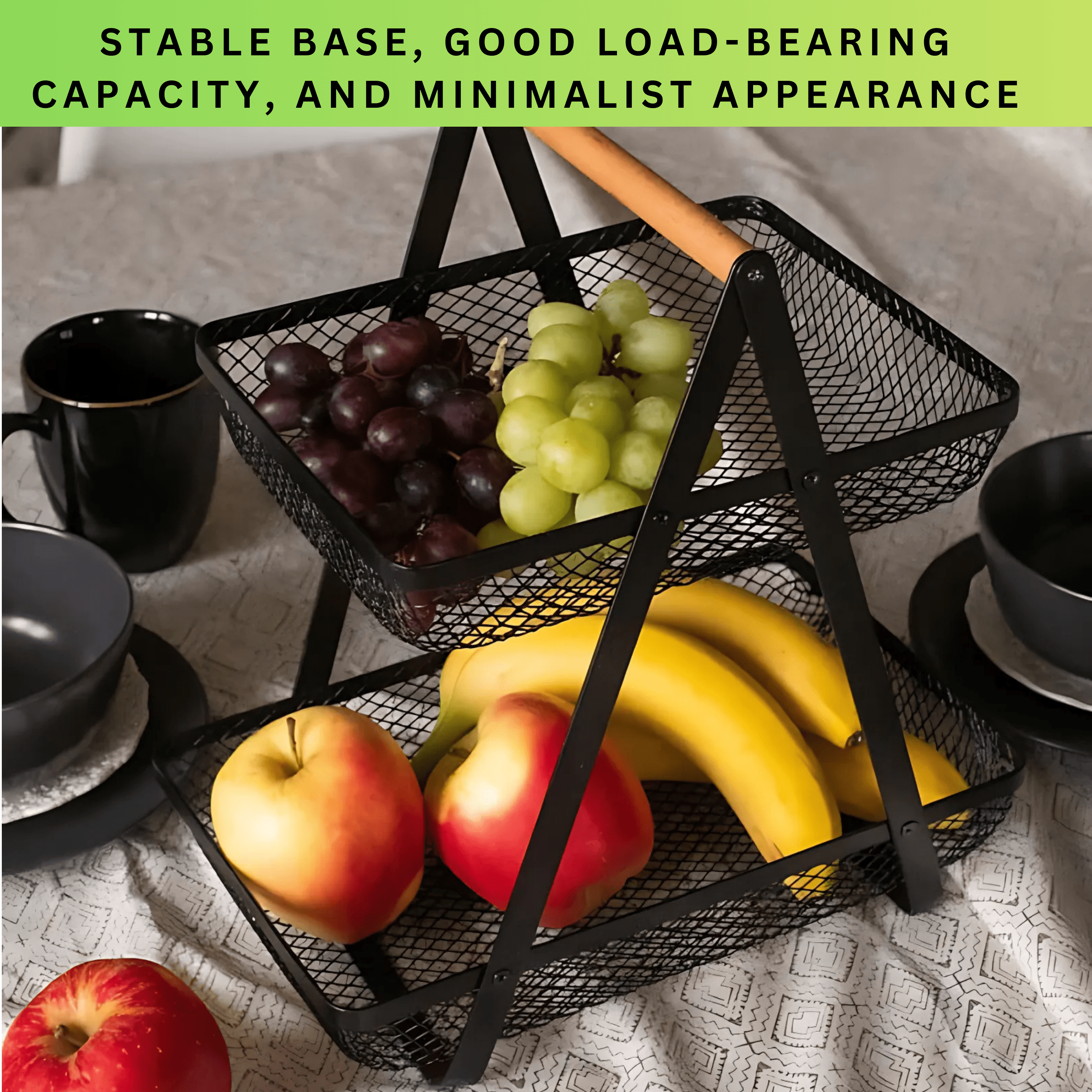 2-Tier Countertop Fruit , Bread &  Vegetable Storage Basket – Black Wire Mesh - 4A's Global