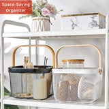 Fruit Basket with Wooden Handle – Metal Mesh Kitchen Storage Organiser, Multi-Functional Food Pantry & Home Decor Metal Tabletop Fruit Vegetable Baskets Elegant Creative Ornaments For Home Office Wedding Decor Dessert Serve  H 17 x W 24cm(White & Gold)