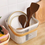 Fruit Basket with Wooden Handle – Metal Mesh Kitchen Storage Organiser, Multi-Functional Food Pantry & Home Decor Metal Tabletop Fruit Vegetable Baskets Elegant Creative Ornaments For Home Office Wedding Decor Dessert Serve  H 17 x W 24cm(White & Gold)