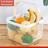 Fruit Basket with Wooden Handle – Metal Mesh Kitchen Storage Organiser, Multi-Functional Food Pantry & Home Decor Metal Tabletop Fruit Vegetable Baskets Elegant Creative Ornaments For Home Office Wedding Decor Dessert Serve  H 17 x W 24cm(White & Gold)