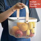 Fruit Basket with Wooden Handle – Metal Mesh Kitchen Storage Organiser, Multi-Functional Food Pantry & Home Decor Metal Tabletop Fruit Vegetable Baskets Elegant Creative Ornaments For Home Office Wedding Decor Dessert Serve  H 17 x W 24cm(White & Gold)