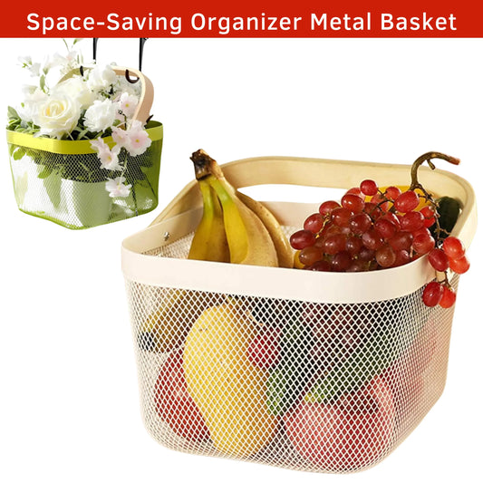 Fruit Basket with Wooden Handle – Metal Mesh Kitchen Storage Organiser, Multi-Functional Food Pantry & Home Decor Metal Tabletop Fruit Vegetable Baskets Elegant Creative Ornaments For Home Office Wedding Decor Dessert Serve  H 17 x W 24cm(White & Gold)
