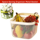 Fruit Basket with Wooden Handle – Metal Mesh Kitchen Storage Organiser, Multi-Functional Food Pantry & Home Decor Metal Tabletop Fruit Vegetable Baskets Elegant Creative Ornaments For Home Office Wedding Decor Dessert Serve  H 17 x W 24cm(White & Gold)