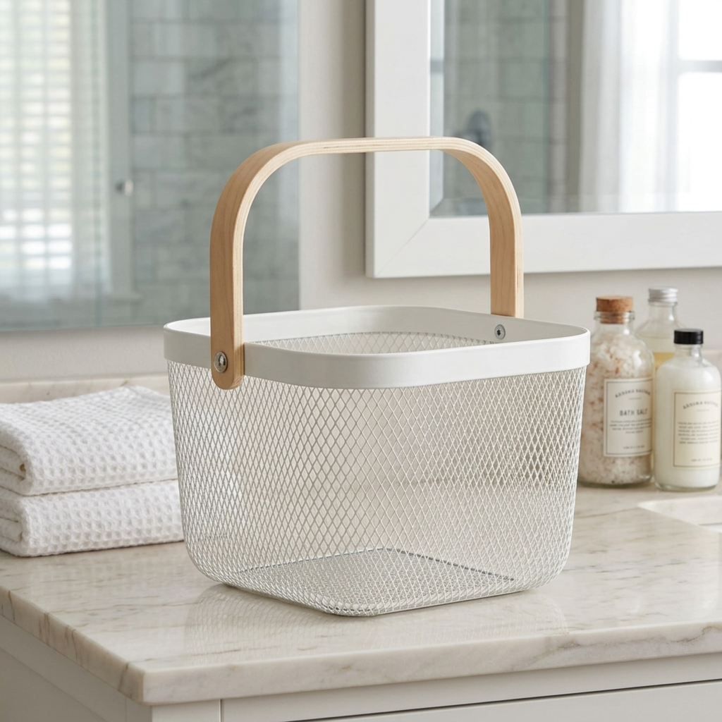 Metal Fruit Basket with Wooden Handle Kitchen Organiser Breathable Steel Mesh - SGM - 4A's Global