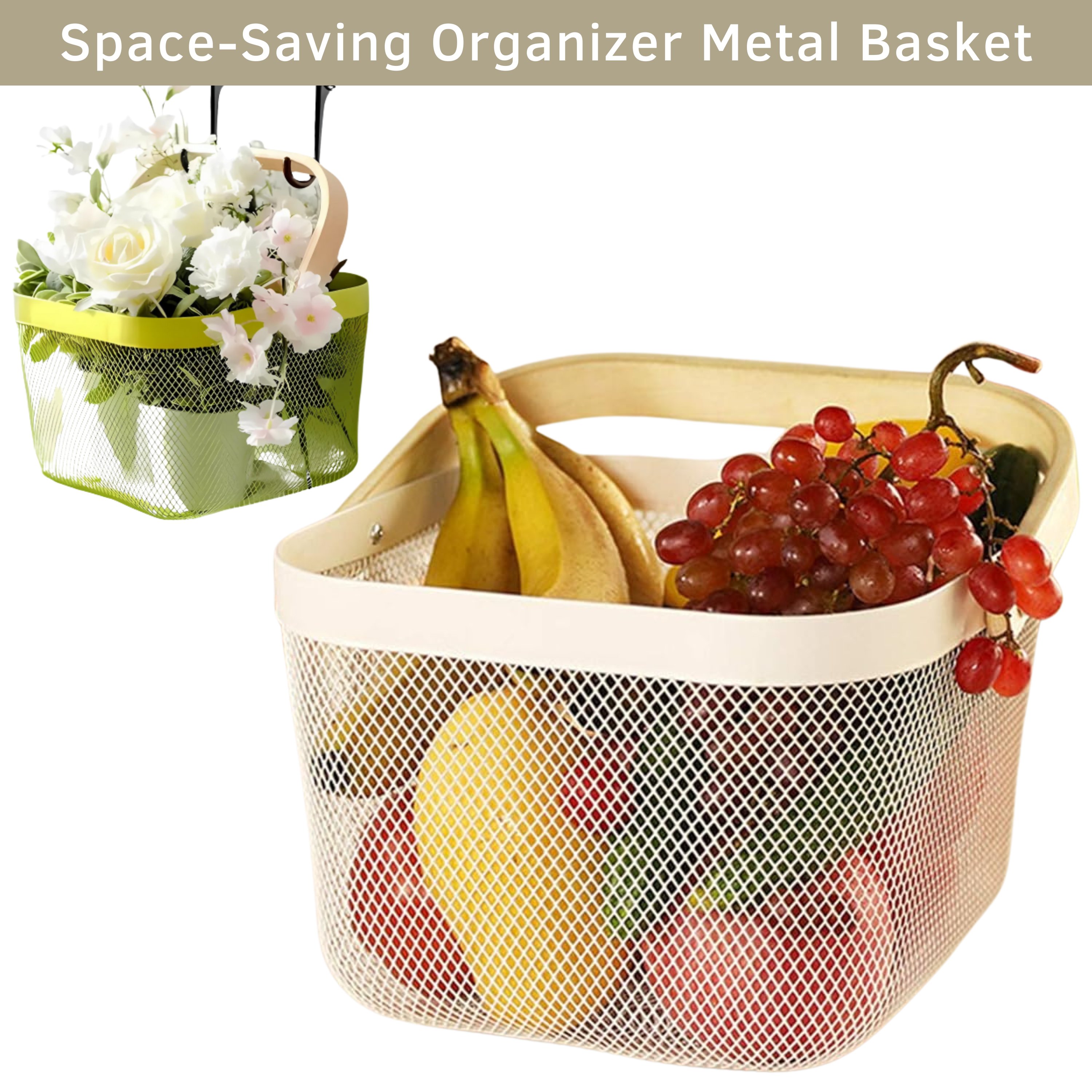 Metal Fruit Basket with Wooden Handle Kitchen Organiser Breathable Steel Mesh - SGM - 4A's Global