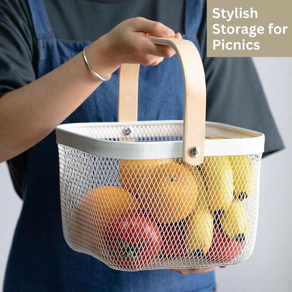 Metal Fruit Basket with Wooden Handle Kitchen Organiser Breathable Steel Mesh - SGM - 4A's Global