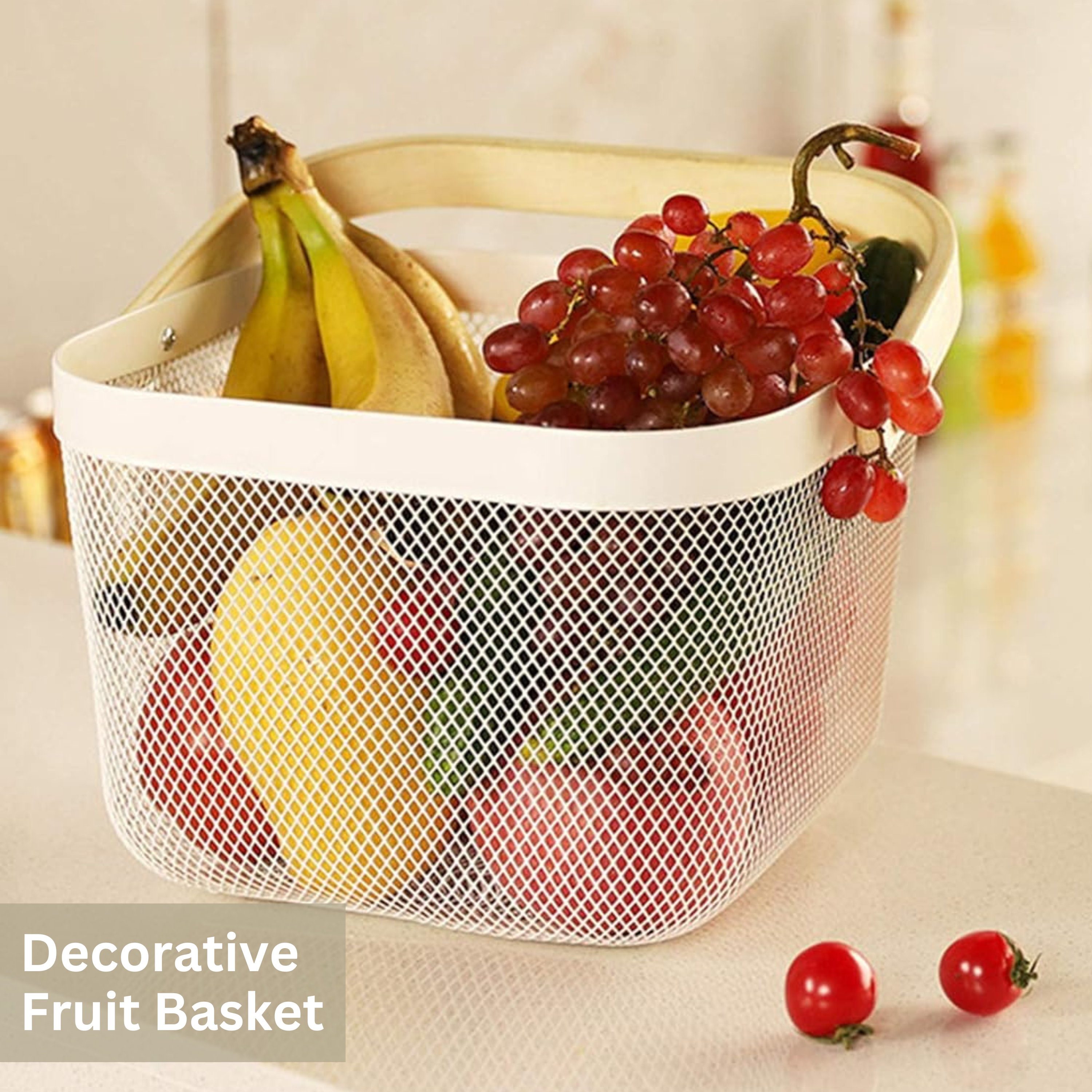 Metal Fruit Basket with Wooden Handle Kitchen Organiser Breathable Steel Mesh - SGM - 4A's Global