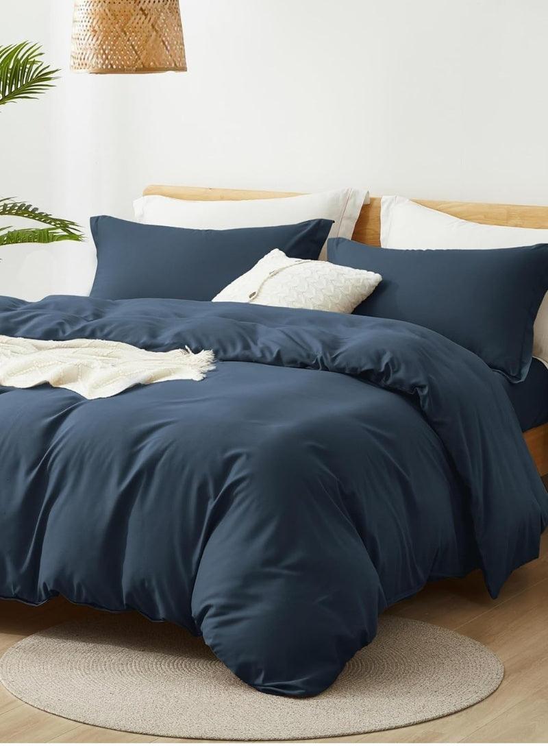 Double Duvet Cover - Plain Dyed Percale Duvet Quilt Cover Navy Solid Soft Double Bedding Duvet Cover Set with 2 Matching Pillowcases - Navy Blue - 4A's Global