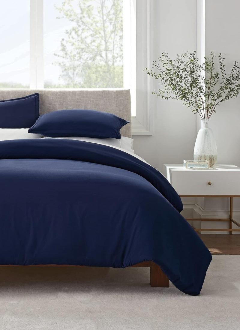 Double Duvet Cover - Plain Dyed Percale Duvet Quilt Cover Navy Solid Soft Double Bedding Duvet Cover Set with 2 Matching Pillowcases - Navy Blue - 4A's Global