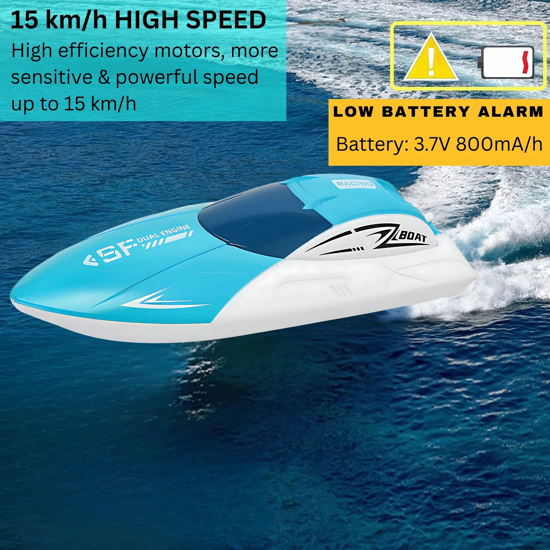 High-Speed RC Racing Boat – Remote Control Boat 2.4GHz – Dual Motor High-Speed Racing RC Boat with Modular Battery &amp; Waterproof Design - 4A's Global