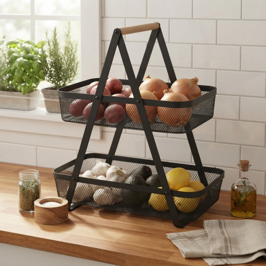 2 Tier Storage Basket Fruit Bread and Veg Organiser Sleek Black Metal - SGM - 4A's Global