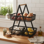 2 Tier Storage Basket Fruit Bread and Veg Organiser Sleek Black Metal - SGM - 4A's Global