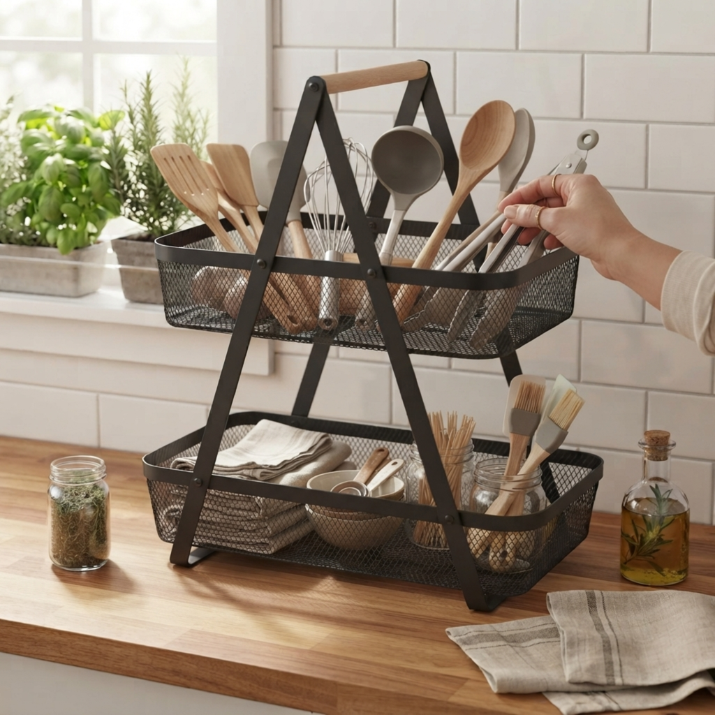2 Tier Storage Basket Fruit Bread and Veg Organiser Sleek Black Metal - SGM - 4A's Global