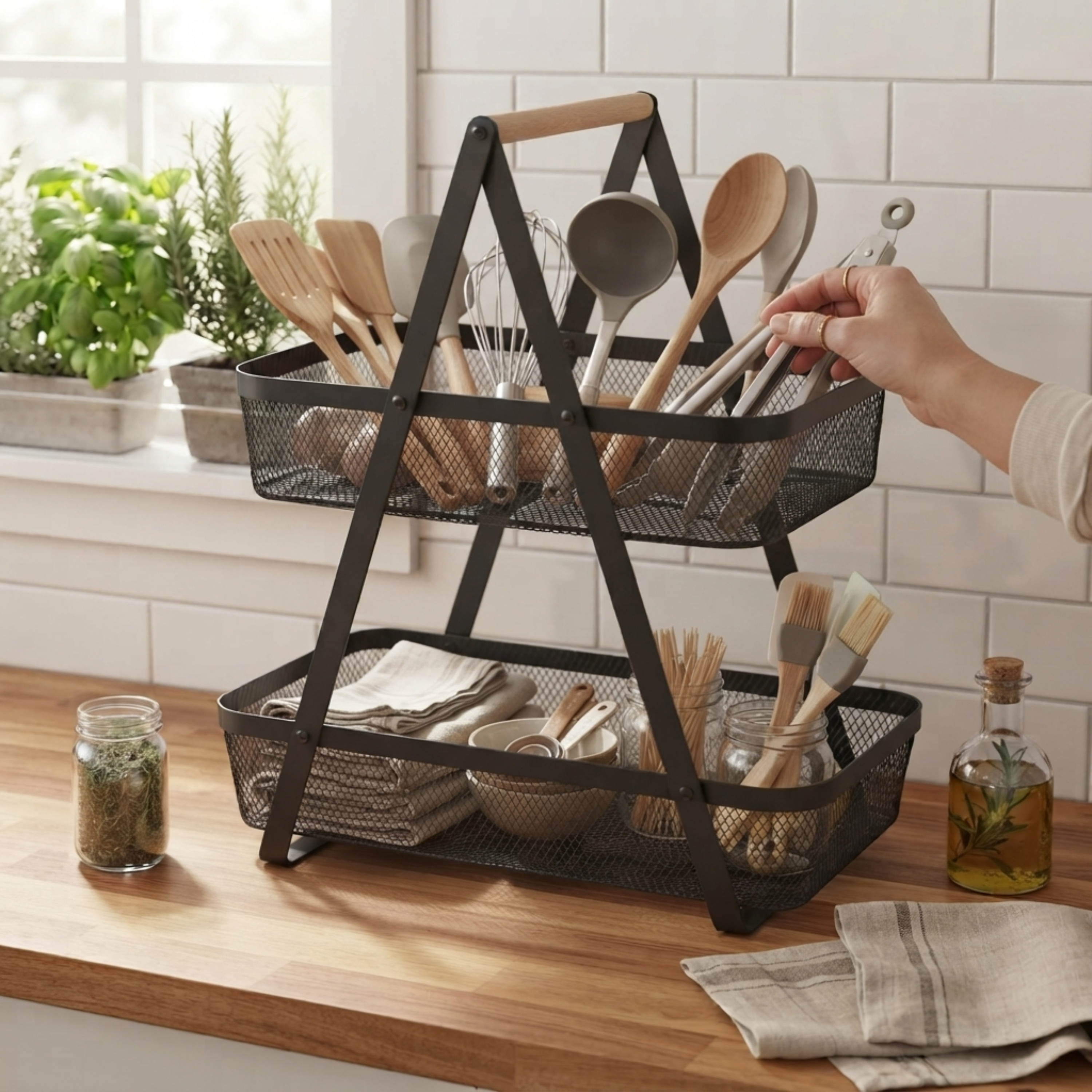2 Tier Storage Basket Fruit Bread and Veg Organiser Sleek Black Metal - SGM - 4A's Global