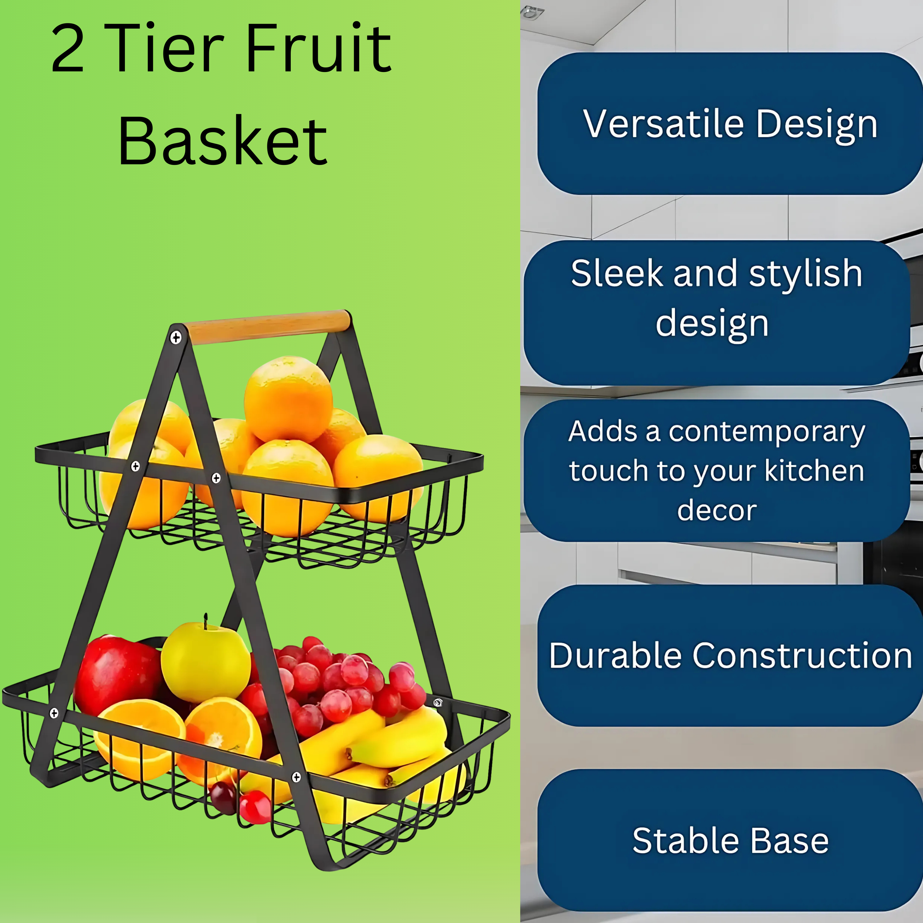 2-Tier Countertop Fruit &amp; Vegetable Basket – Multi-Purpose Kitchen, Office &amp; Makeup Organiser - 4A's Global