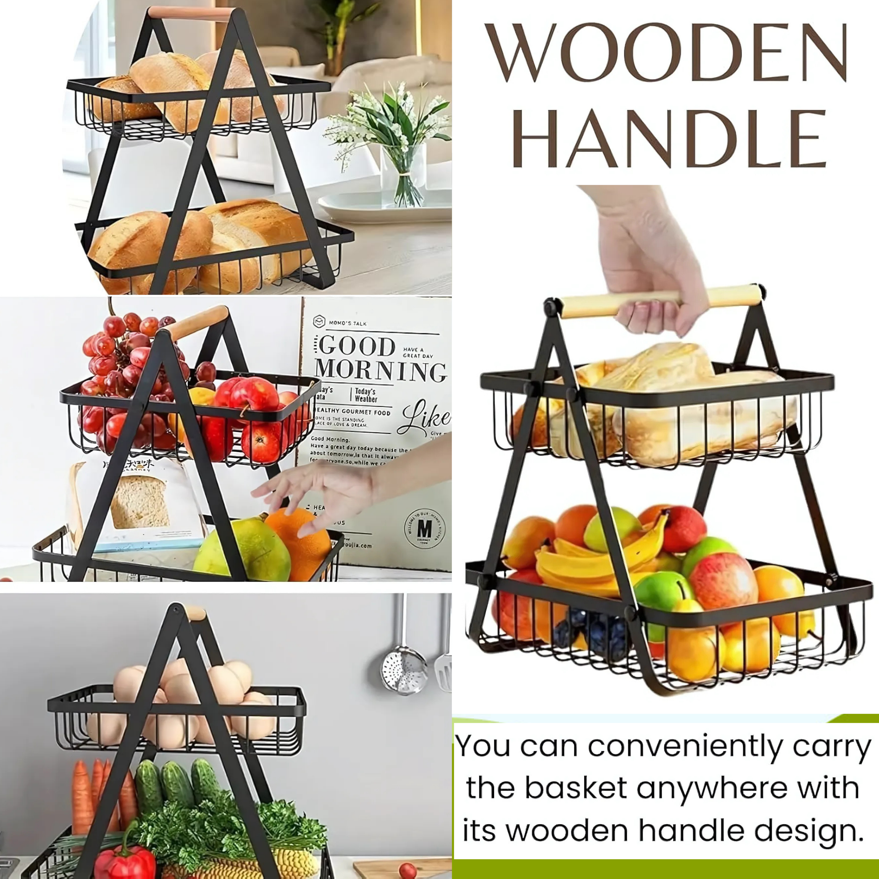 2-Tier Countertop Fruit &amp; Vegetable Basket – Multi-Purpose Kitchen, Office &amp; Makeup Organiser - 4A's Global