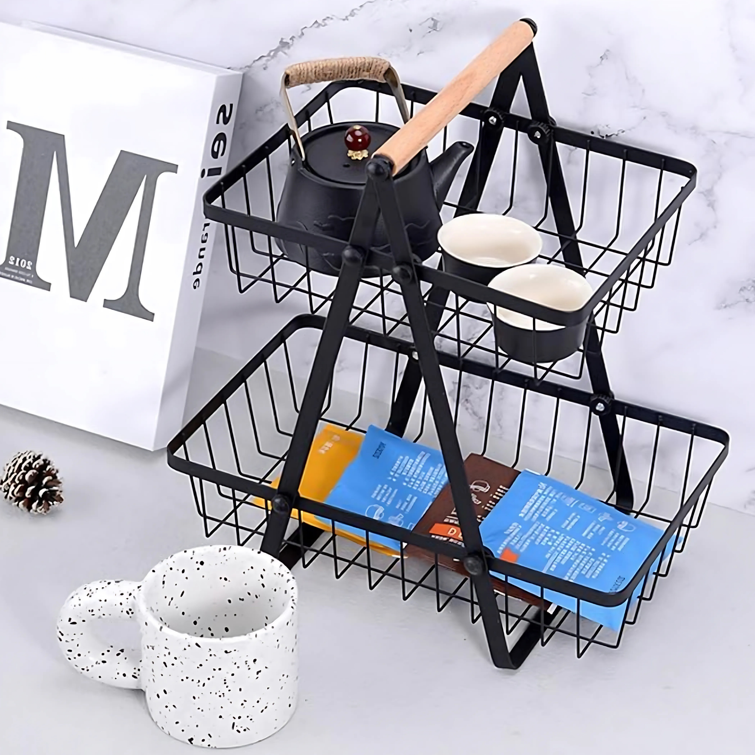 2-Tier Countertop Fruit &amp; Vegetable Basket – Multi-Purpose Kitchen, Office &amp; Makeup Organiser - 4A's Global