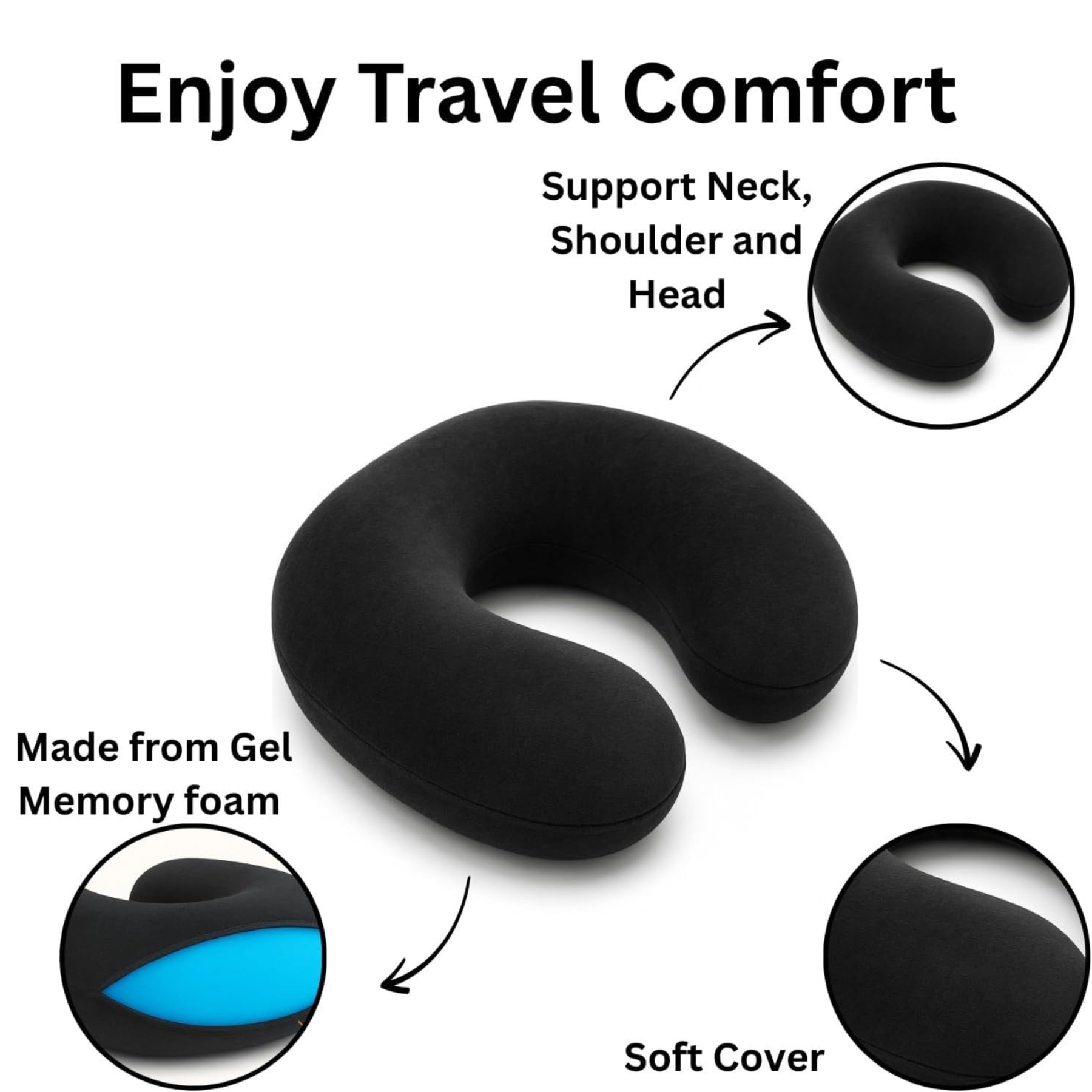 Cooling Memory Foam Travel Pillow – Lightweight, Compact &amp; Portable | 30x30x9 cm / 11.8x11.8x3.5 in | Black - 4A's Global