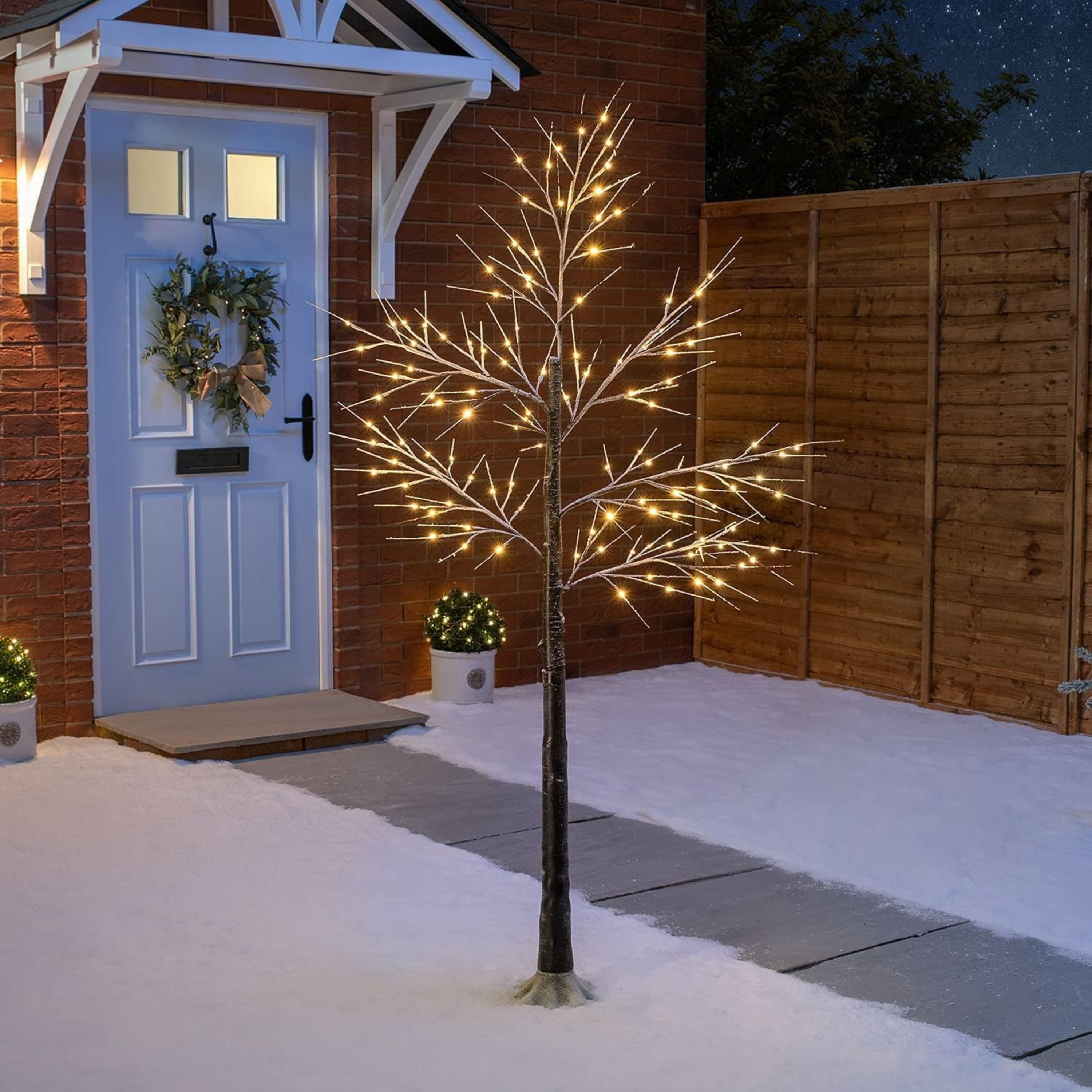 5ft, 6ft Decor Outdoor LED Christmas Tree Warm white LED lights, snowy twig design,Indoor Outdoor flexible branches for shaping and styling Battery Operated - 4A's Global