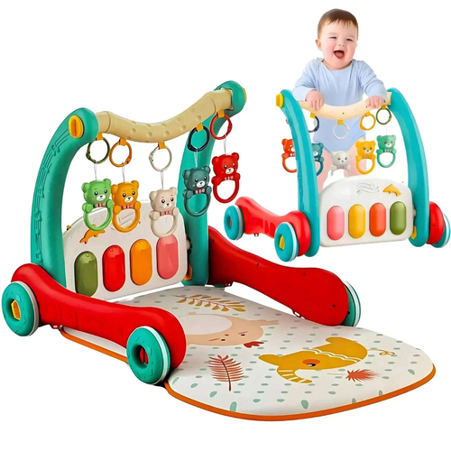 2-in-1 Sit-to-Stand Baby Walker & Play Gym | Musical Pedal Piano, Activity Toys, Play Mat & Learning Fun for Toddlers - 4A's Global