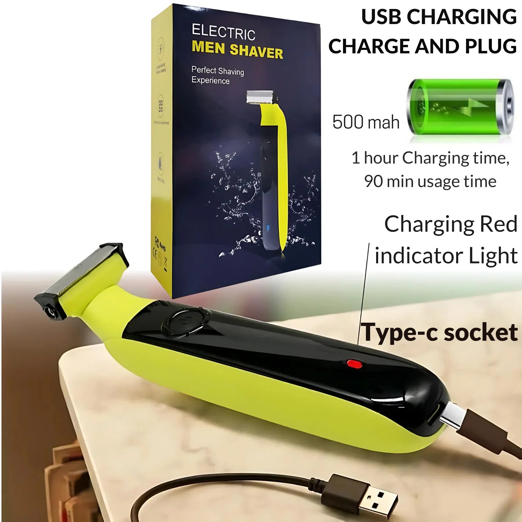 Men’s Wet & Dry Electric Shaver with USB Type-C Fast Charging – Full Body Grooming Kit - USB Rechargeable Beard Trimmer & Hair Removal Machine - 4A's Global