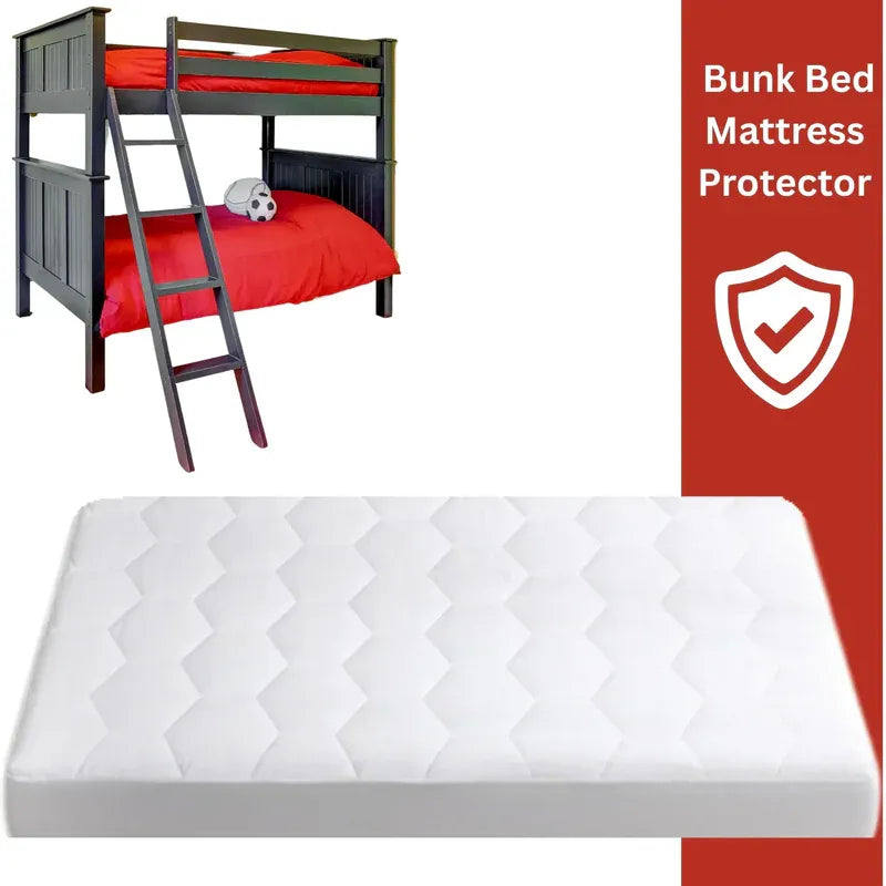 Bunk bed with red mattress and white mattress protector on a white background