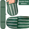 Green and white striped double oven mittens on a white background