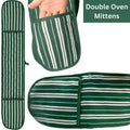 Green and white striped double oven mittens on a white background