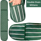Green and white striped double oven mittens on a white background