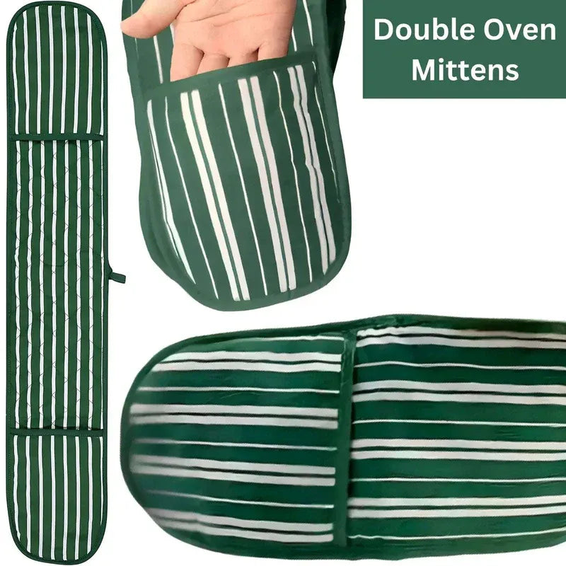 Green and white striped double oven mittens on a white background