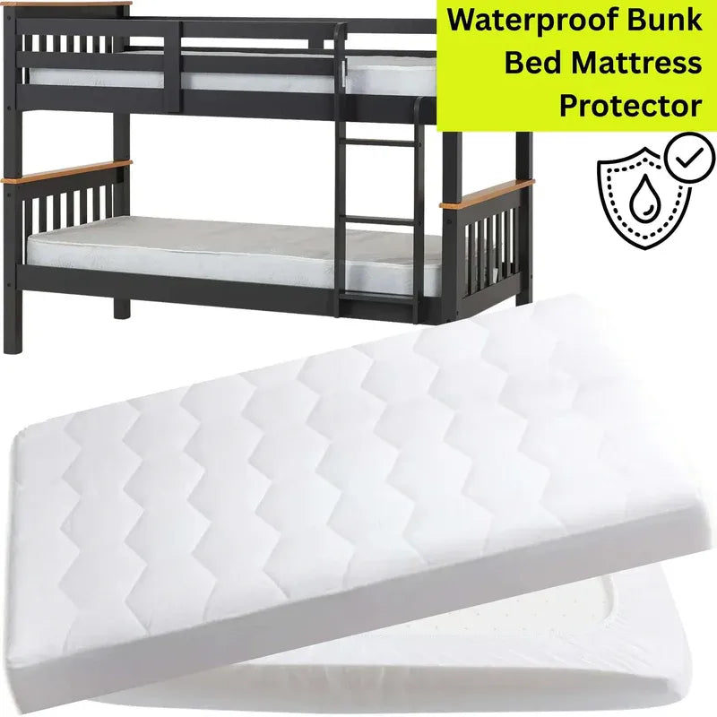 Waterproof bunk bed mattress protector with a black bunk bed in the background
