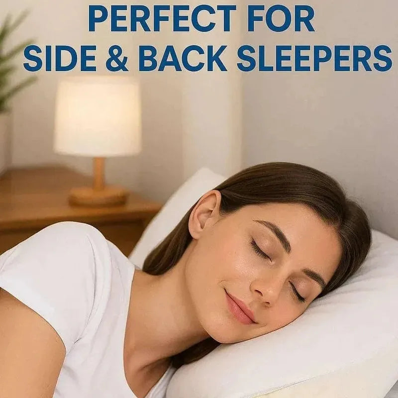 Woman sleeping on a pillow with text 'Perfect for Side & Back Sleepers' in a bedroom setting.