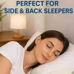 Woman sleeping on a pillow with text 'Perfect for Side & Back Sleepers' in a bedroom setting.
