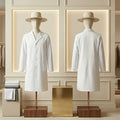 Two mannequins wearing white lab coats and hats in a stylish interior setting.