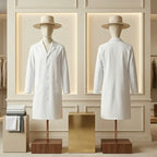 Two mannequins wearing white lab coats and hats in a stylish interior setting.