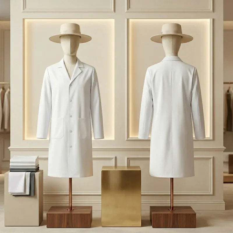Two mannequins wearing white lab coats and hats in a stylish interior setting.