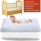 Baby lying on a mattress with a crib in the background and product features listed.