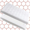 Two white rectangular objects on a red hexagonal patterned background