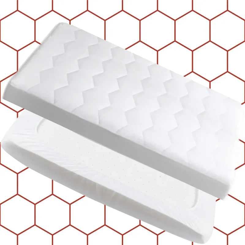Two white rectangular objects on a red hexagonal patterned background