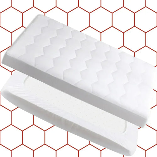 Two white rectangular objects on a red hexagonal patterned background
