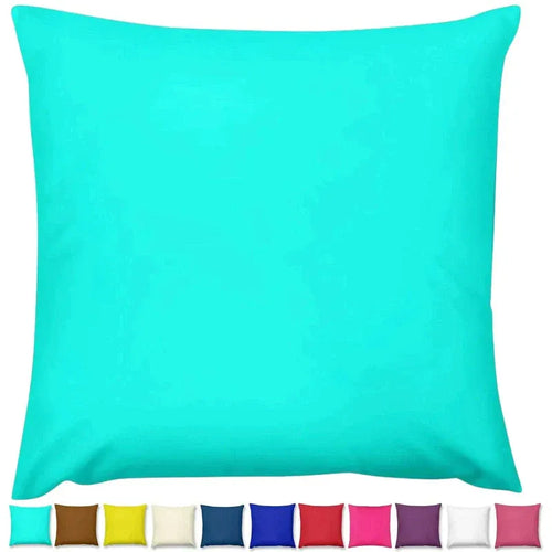 Turquoise pillow with color swatches at the bottom on a white background