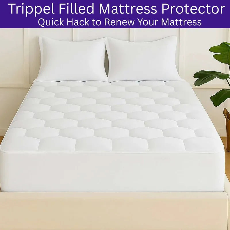Trippel filled mattress protector on a bed with text about renewing mattresses.