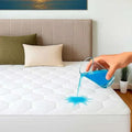 Person pouring blue liquid onto a mattress in a bedroom setting
