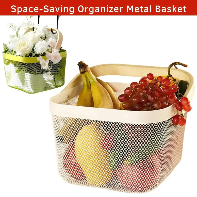 Fruit Basket with Wooden Handle – Metal Mesh Kitchen Organizer