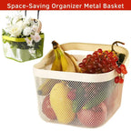 Fruit Basket with Wooden Handle – Metal Mesh Kitchen Organizer