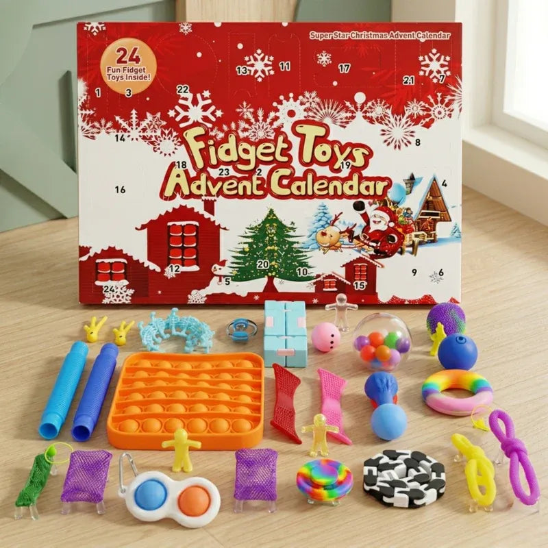Fidget Toys Advent Calendar with various fidget toys on a wooden surface