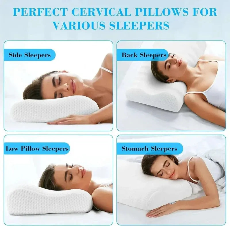 Cervical pillows for different sleeping positions with a woman using each pillow.