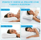 Cervical pillows for different sleeping positions with a woman using each pillow.