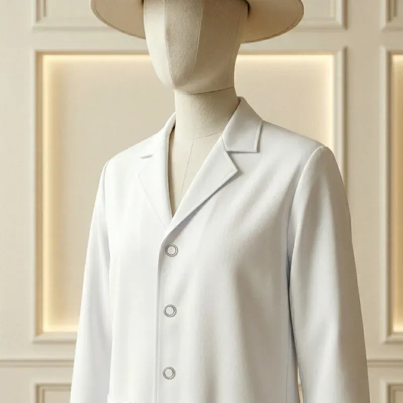 Mannequin wearing a white lab coat against a neutral background