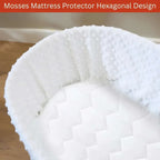 Hexagonal mattress protector on a wooden surface with text overlay.